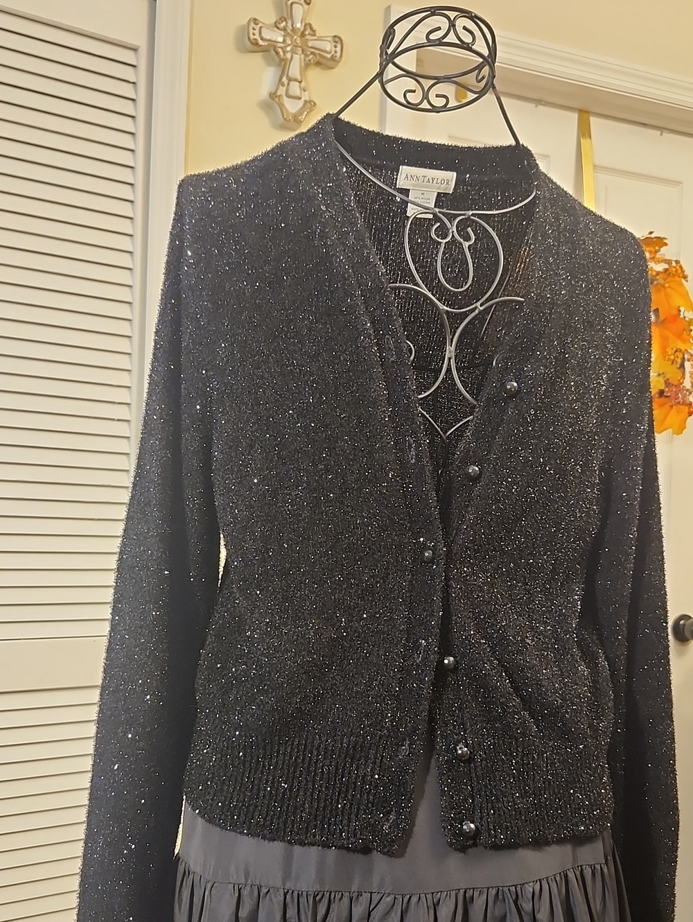 Ann Taylor Vintage Black Shimmer Metallic Sparkle Button Cardigan
